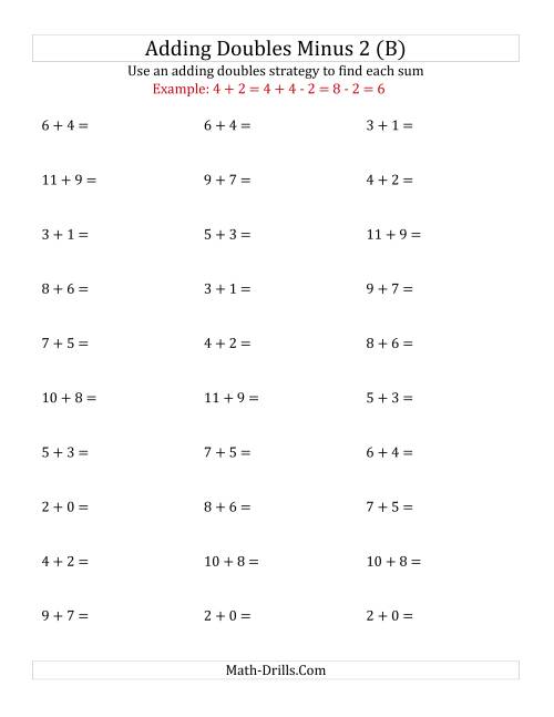 The Adding Doubles Minus 2 (Small Numbers) (B) Math Worksheet