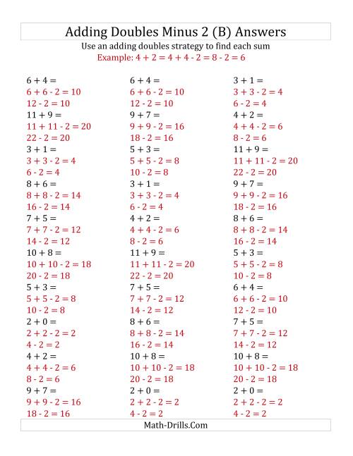 The Adding Doubles Minus 2 (Small Numbers) (B) Math Worksheet Page 2