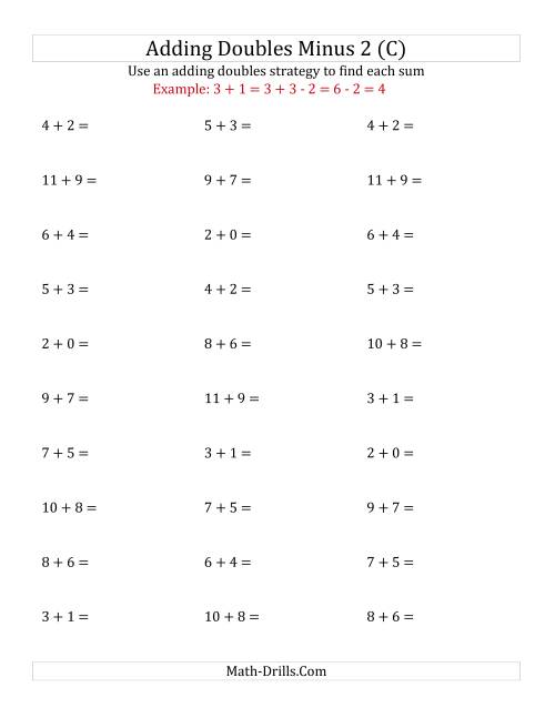 The Adding Doubles Minus 2 (Small Numbers) (C) Math Worksheet