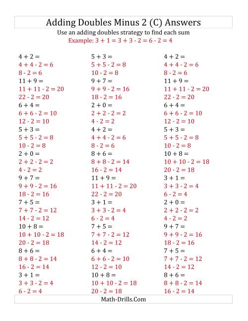 The Adding Doubles Minus 2 (Small Numbers) (C) Math Worksheet Page 2