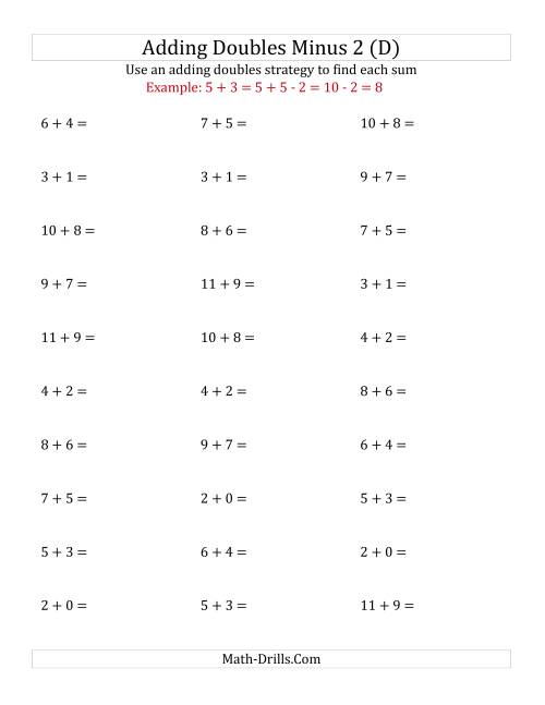 The Adding Doubles Minus 2 (Small Numbers) (D) Math Worksheet