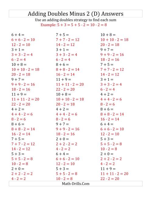 The Adding Doubles Minus 2 (Small Numbers) (D) Math Worksheet Page 2