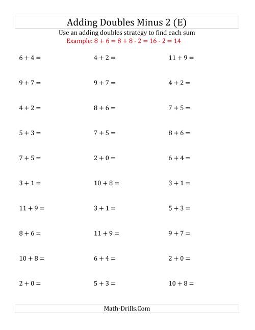 The Adding Doubles Minus 2 (Small Numbers) (E) Math Worksheet