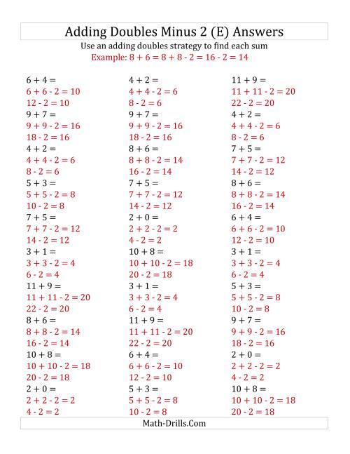 The Adding Doubles Minus 2 (Small Numbers) (E) Math Worksheet Page 2