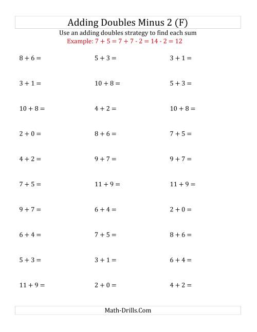The Adding Doubles Minus 2 (Small Numbers) (F) Math Worksheet