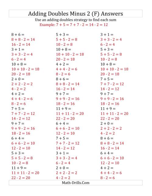 The Adding Doubles Minus 2 (Small Numbers) (F) Math Worksheet Page 2
