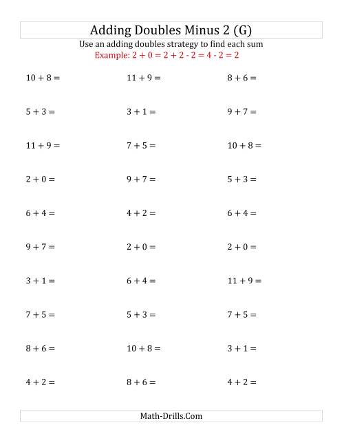 The Adding Doubles Minus 2 (Small Numbers) (G) Math Worksheet