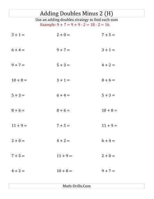 The Adding Doubles Minus 2 (Small Numbers) (H) Math Worksheet