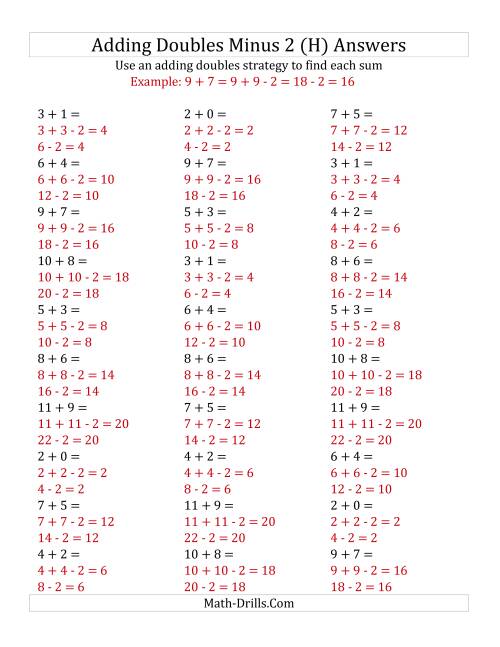 The Adding Doubles Minus 2 (Small Numbers) (H) Math Worksheet Page 2