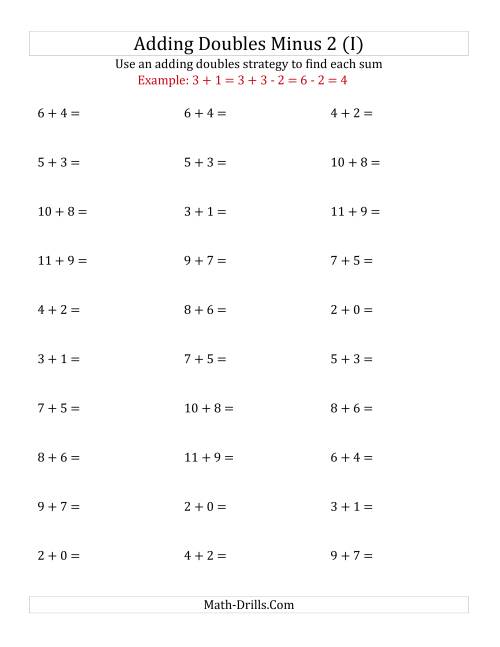 The Adding Doubles Minus 2 (Small Numbers) (I) Math Worksheet