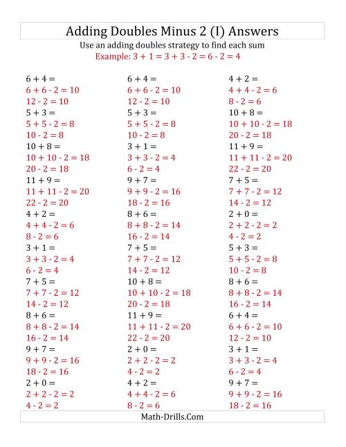 The Adding Doubles Minus 2 (Small Numbers) (I) Math Worksheet Page 2