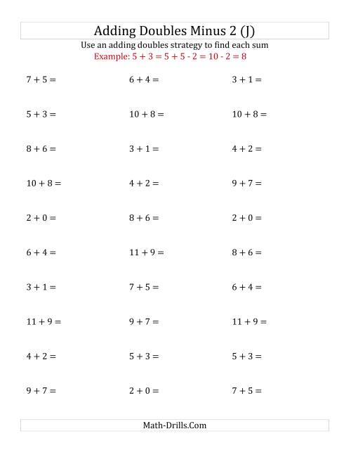 The Adding Doubles Minus 2 (Small Numbers) (J) Math Worksheet