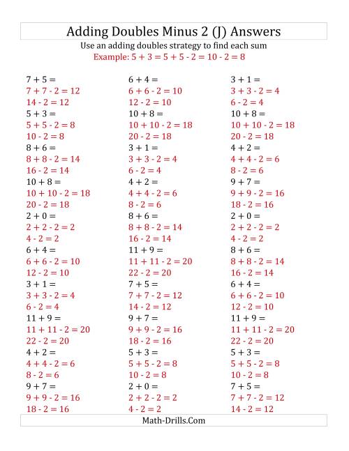 The Adding Doubles Minus 2 (Small Numbers) (J) Math Worksheet Page 2