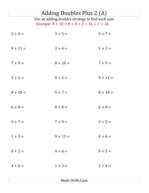 The Adding Doubles Plus 2 (Small Numbers) (A) Math Worksheet