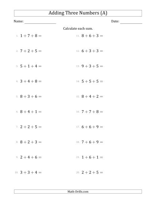 The Adding Three Numbers Horizontally (Range 1 to 9) (A) Math Worksheet
