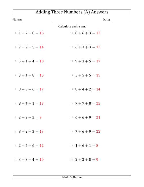 The Adding Three Numbers Horizontally (Range 1 to 9) (A) Math Worksheet Page 2