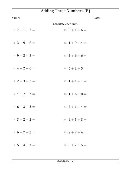 The Adding Three Numbers Horizontally (Range 1 to 9) (B) Math Worksheet