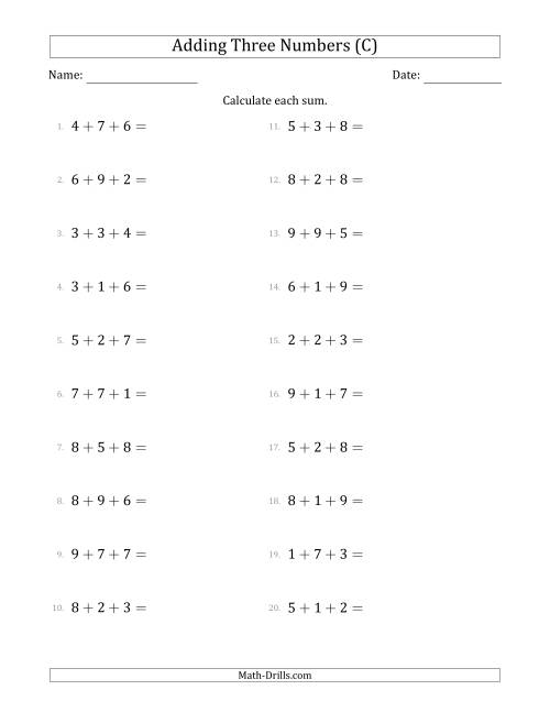 The Adding Three Numbers Horizontally (Range 1 to 9) (C) Math Worksheet