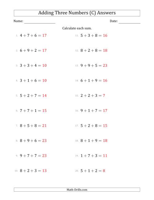The Adding Three Numbers Horizontally (Range 1 to 9) (C) Math Worksheet Page 2
