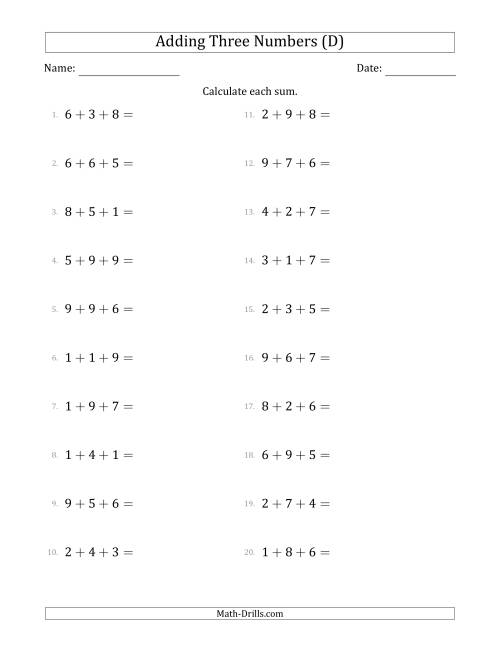 The Adding Three Numbers Horizontally (Range 1 to 9) (D) Math Worksheet
