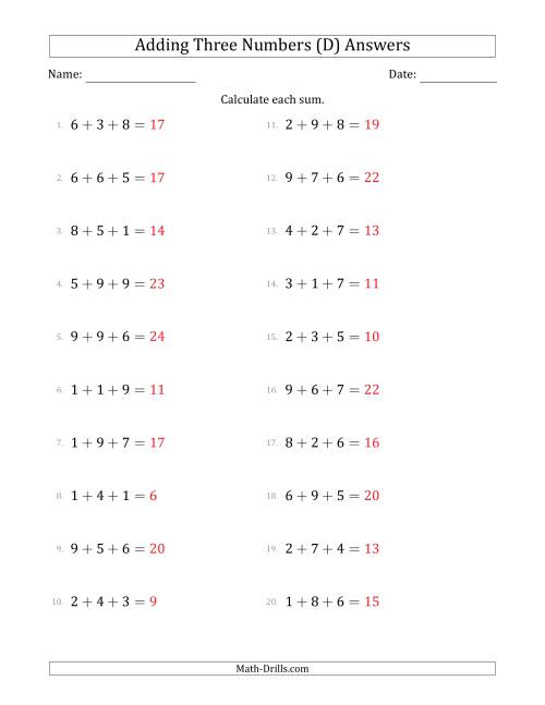 The Adding Three Numbers Horizontally (Range 1 to 9) (D) Math Worksheet Page 2