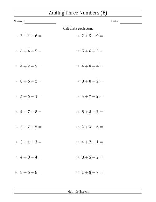 The Adding Three Numbers Horizontally (Range 1 to 9) (E) Math Worksheet