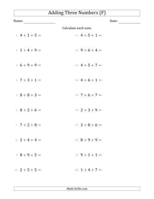The Adding Three Numbers Horizontally (Range 1 to 9) (F) Math Worksheet