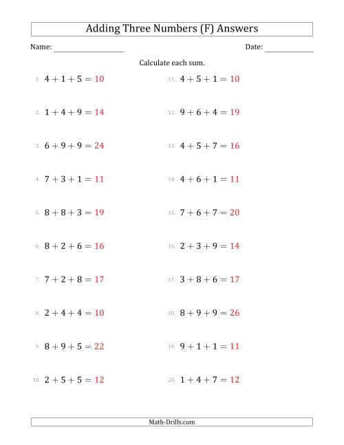 The Adding Three Numbers Horizontally (Range 1 to 9) (F) Math Worksheet Page 2