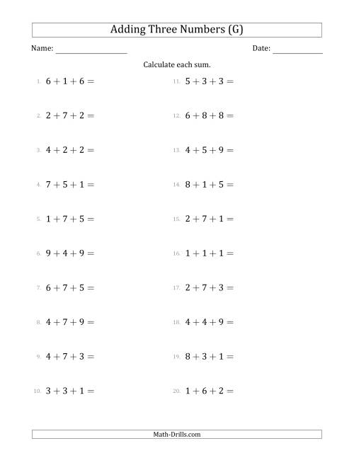 The Adding Three Numbers Horizontally (Range 1 to 9) (G) Math Worksheet