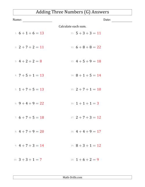 The Adding Three Numbers Horizontally (Range 1 to 9) (G) Math Worksheet Page 2