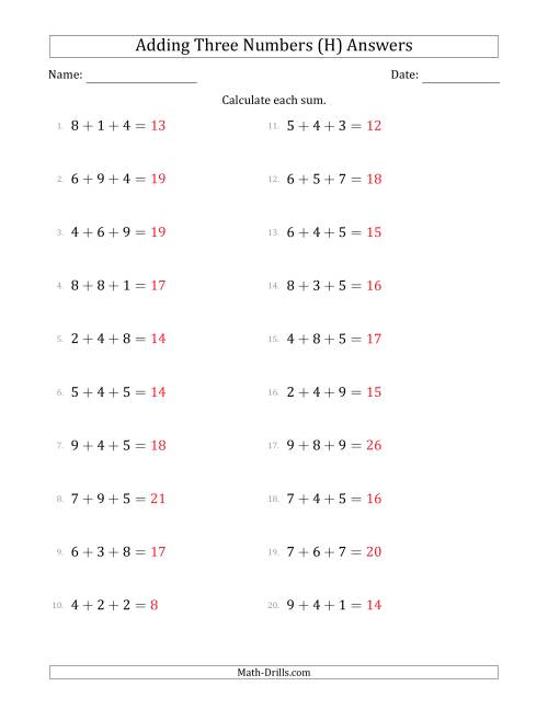 The Adding Three Numbers Horizontally (Range 1 to 9) (H) Math Worksheet Page 2