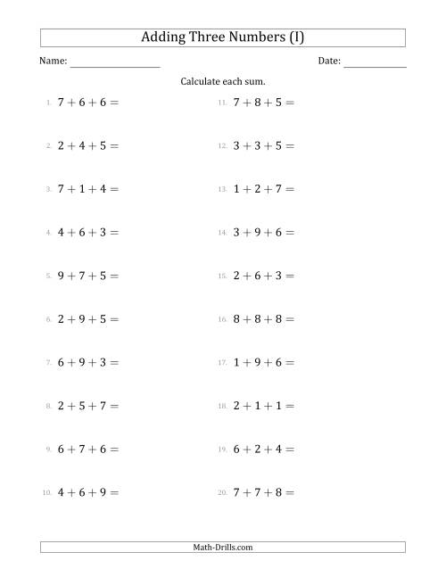 The Adding Three Numbers Horizontally (Range 1 to 9) (I) Math Worksheet