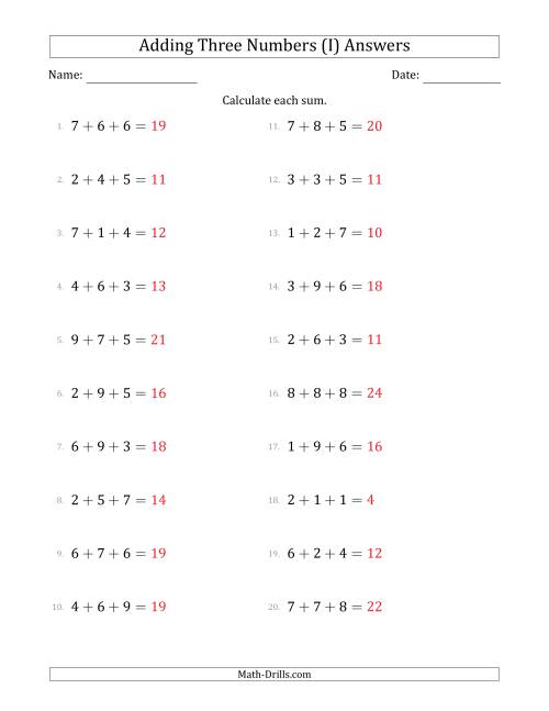 The Adding Three Numbers Horizontally (Range 1 to 9) (I) Math Worksheet Page 2