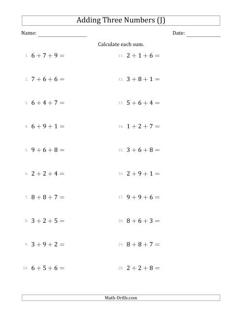 The Adding Three Numbers Horizontally (Range 1 to 9) (J) Math Worksheet