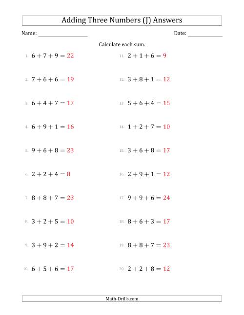 The Adding Three Numbers Horizontally (Range 1 to 9) (J) Math Worksheet Page 2