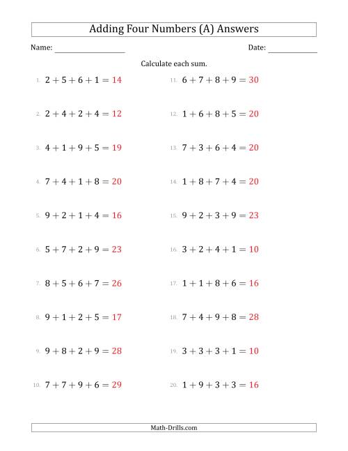 The Adding Four Numbers Horizontally (Range 1 to 9) (A) Math Worksheet Page 2