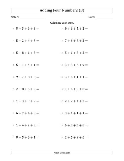 The Adding Four Numbers Horizontally (Range 1 to 9) (B) Math Worksheet
