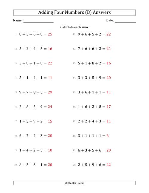 The Adding Four Numbers Horizontally (Range 1 to 9) (B) Math Worksheet Page 2