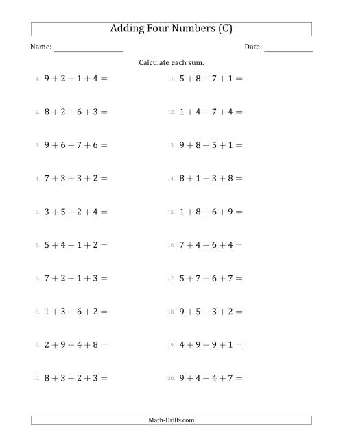 The Adding Four Numbers Horizontally (Range 1 to 9) (C) Math Worksheet