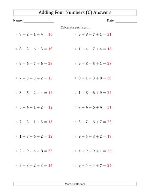 The Adding Four Numbers Horizontally (Range 1 to 9) (C) Math Worksheet Page 2