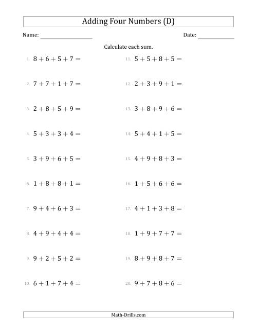 The Adding Four Numbers Horizontally (Range 1 to 9) (D) Math Worksheet