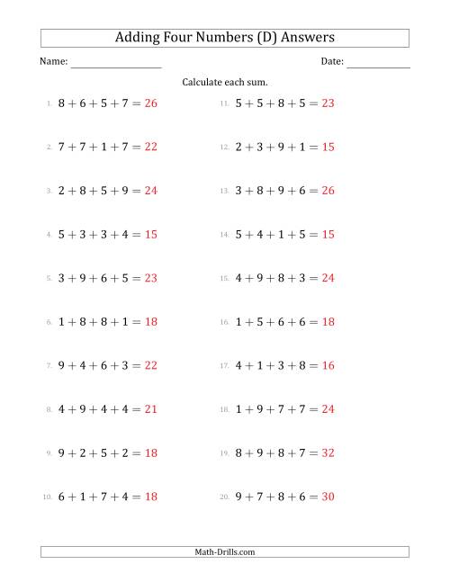 The Adding Four Numbers Horizontally (Range 1 to 9) (D) Math Worksheet Page 2