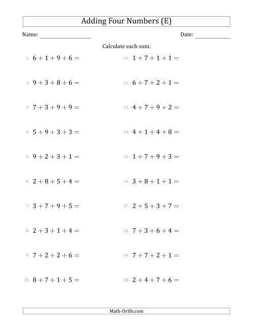 The Adding Four Numbers Horizontally (Range 1 to 9) (E) Math Worksheet
