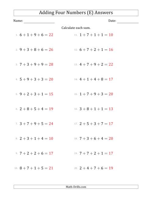 The Adding Four Numbers Horizontally (Range 1 to 9) (E) Math Worksheet Page 2