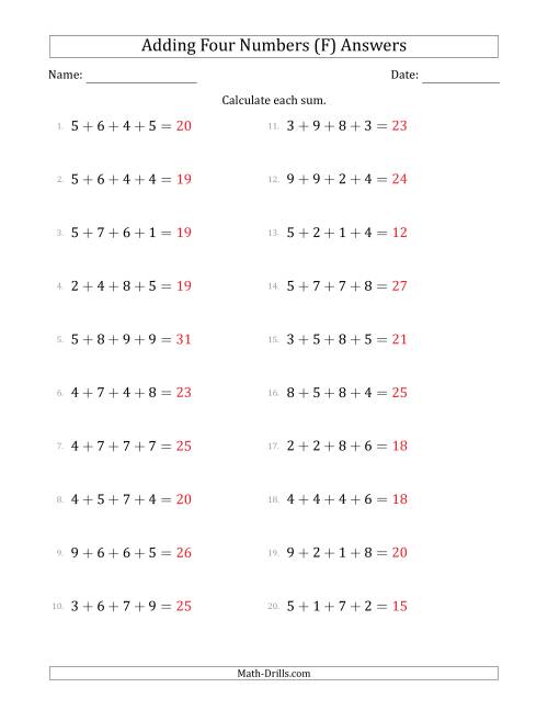 The Adding Four Numbers Horizontally (Range 1 to 9) (F) Math Worksheet Page 2