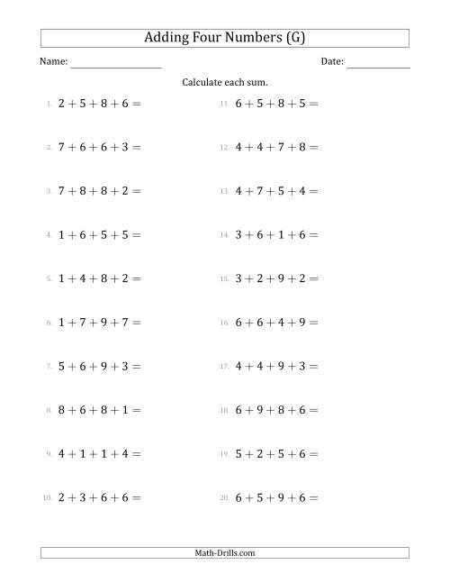 The Adding Four Numbers Horizontally (Range 1 to 9) (G) Math Worksheet