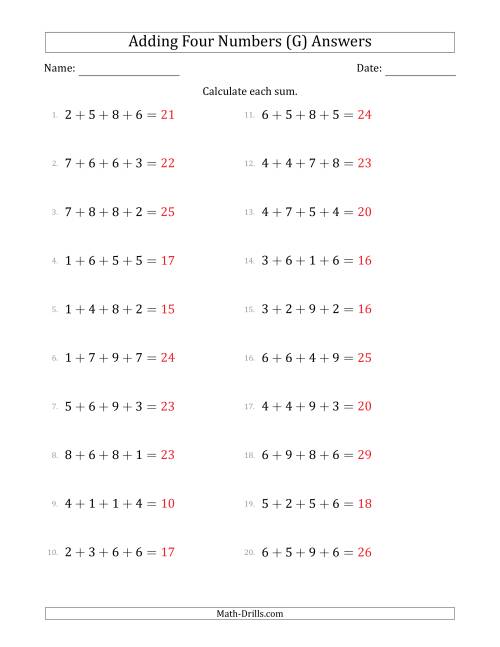 The Adding Four Numbers Horizontally (Range 1 to 9) (G) Math Worksheet Page 2