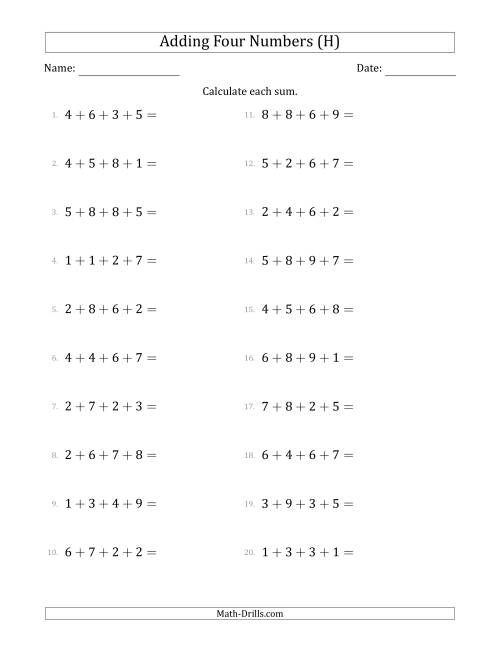 The Adding Four Numbers Horizontally (Range 1 to 9) (H) Math Worksheet