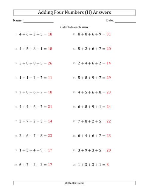 The Adding Four Numbers Horizontally (Range 1 to 9) (H) Math Worksheet Page 2