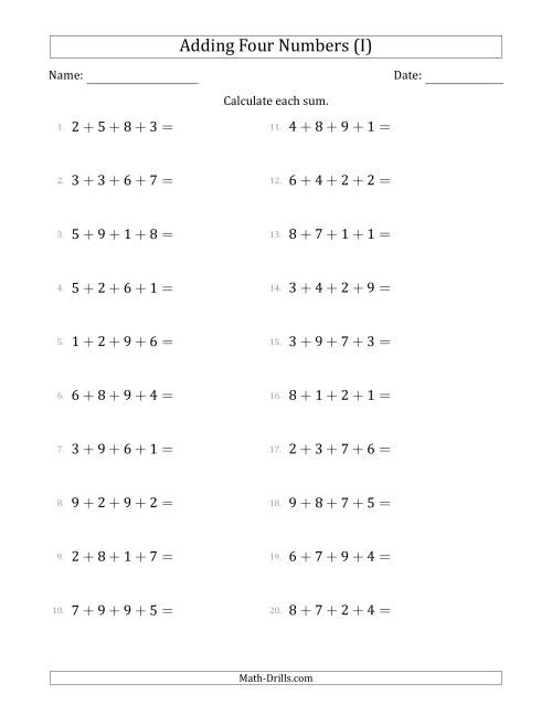 The Adding Four Numbers Horizontally (Range 1 to 9) (I) Math Worksheet